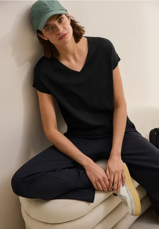 Thumbnail - Cecil Damen Leichter Kurzarmpullover in Schwarz, Gr: L