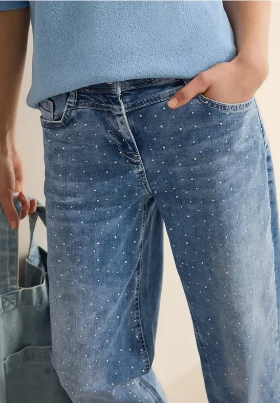 Cecil Damen Glitzernde Wide Leg Jeans in Blau, Gr: 36