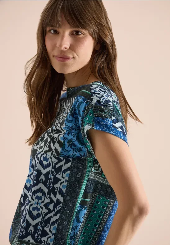 Cecil Damen Shirt mit Boat Neck und Patchwork-Print in Blau, Gr: XXL