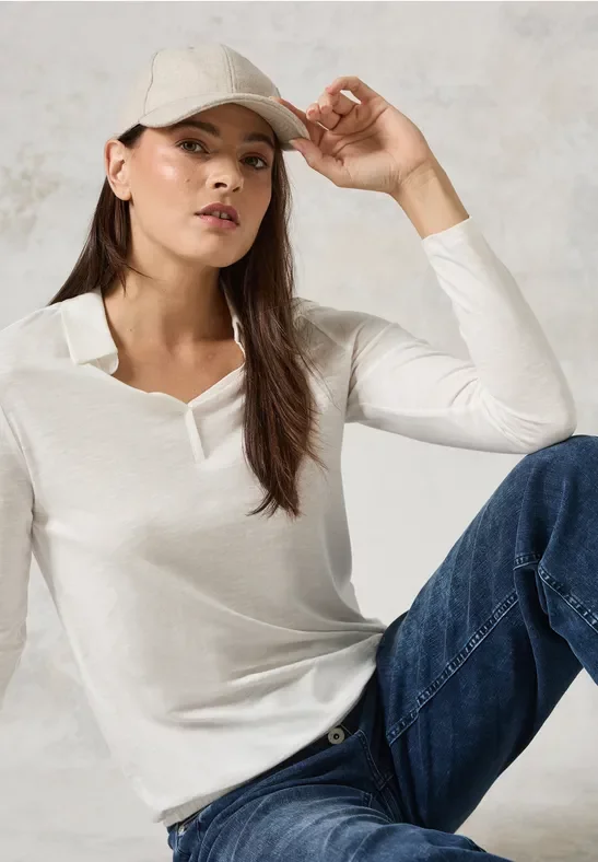 Thumbnail - Cecil Damen Shirt mit Polokragen in Weiß, Gr: XXL