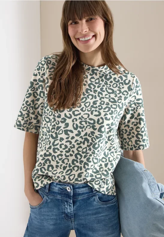 Cecil Damen Kurzarm Sweatshirt mit Leo-Print in Beige, Gr: XXL