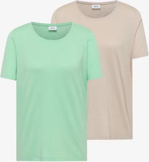 Cecil Damen Basic T-Shirt mit Rundhals im 2er-Pack in Multicolour|Beige|Grün, Gr: XXL