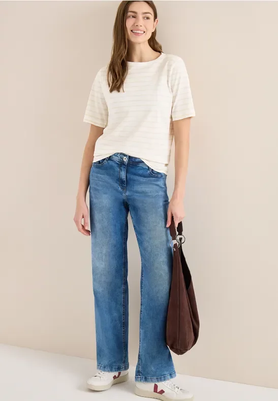 Cecil Damen T-Shirt mit Boatneck und Streifen in Weiß, Gr: L