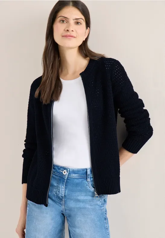 Cecil Damen Langarm Cardigan in Crochet-Optik in Blau, Gr: S