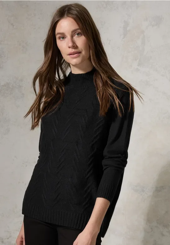 Thumbnail - Cecil Damen Jaquard Pullover in Unifarbe in Schwarz, Gr: M