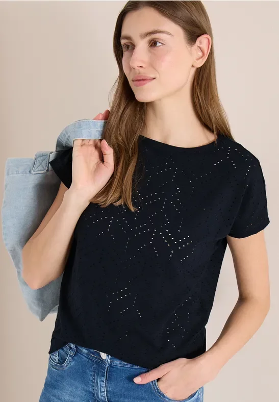 Cecil Damen Shirt mit Boatneck in Ajour-Optik in Blau, Gr: XS