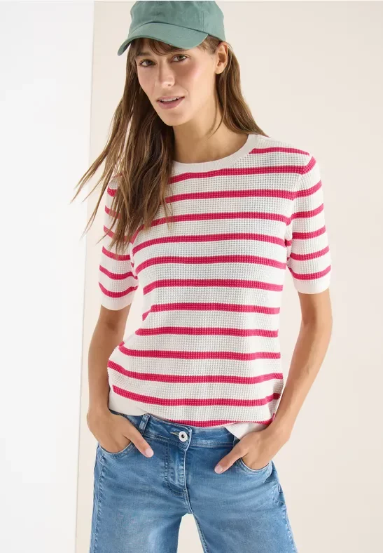 Cecil Damen Kurzarm Pullover mit Struktur und Streifen in Pink, Gr: L