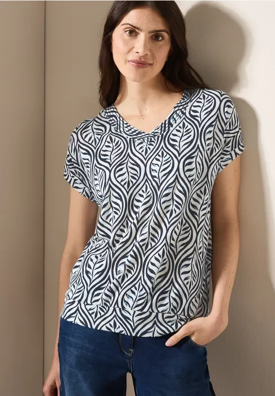 Thumbnail - Cecil Damen Gemustertes V-Neck T-Shirt in Blau, Gr: S