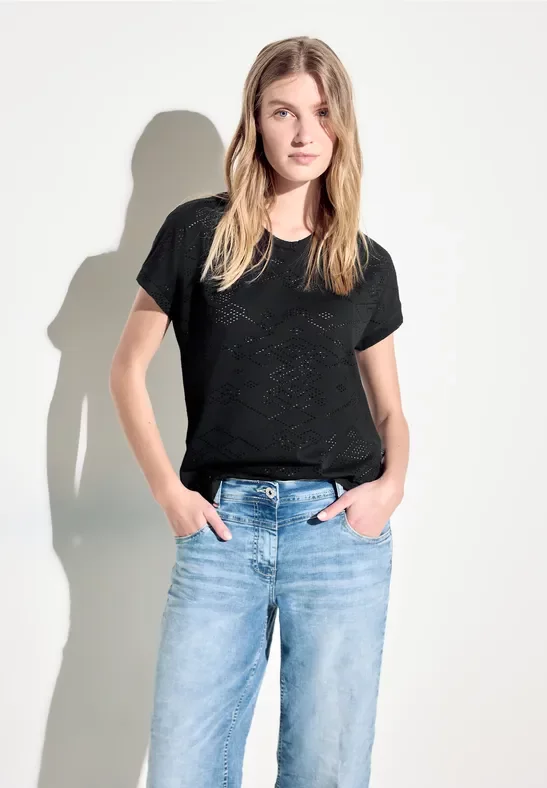 Thumbnail - Cecil Damen Ajour T-Shirt in Schwarz, Gr: L