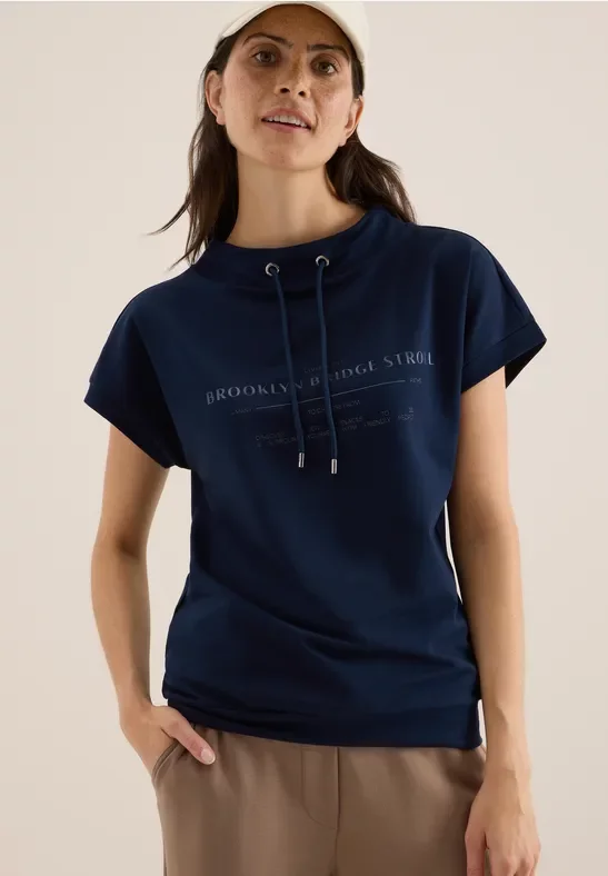 Cecil Damen Funnel Neck T-Shirt in Blau, Gr: 3XL