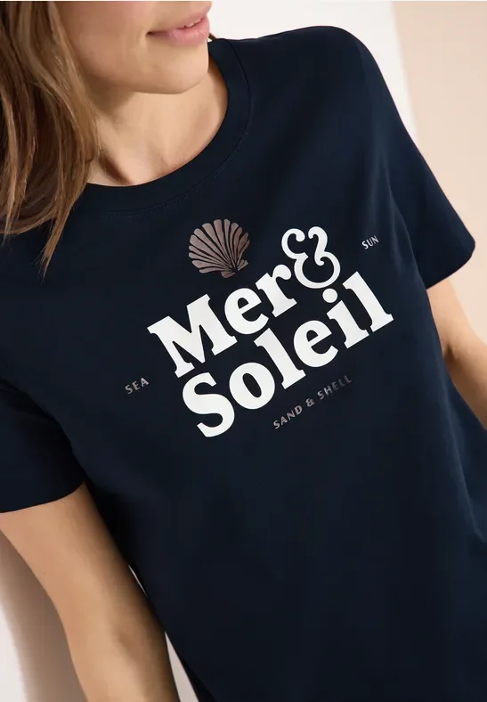 Cecil Damen T-Shirt mit Rundhals und Wording in Blau, Gr: M