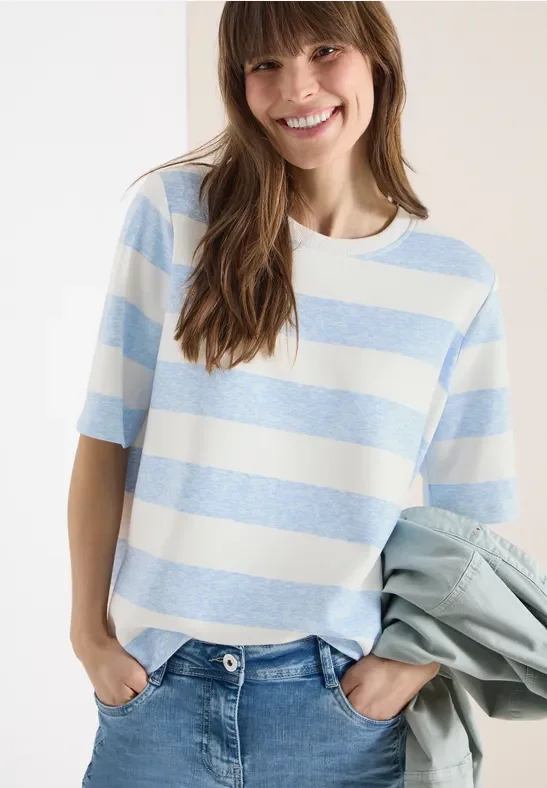 Cecil Damen Kurzarm Sweatshirt mit Streifen in Blau, Gr: L