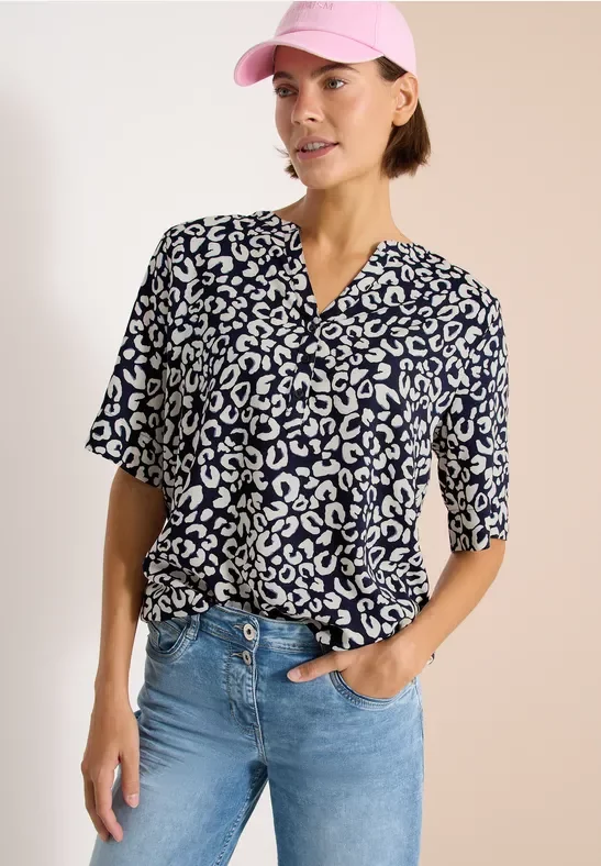 Cecil Damen Bluse mit Split Neck und mit Leo-Muster in Blau, Gr: XS