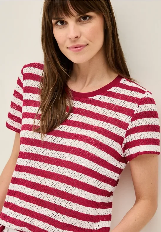Cecil Damen Gestreiftes Ajour T-Shirt in Rot, Gr: L