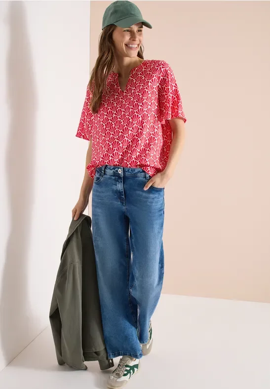Cecil Damen Kurzarm Bluse mit Muschelprint in Rot, Gr: S