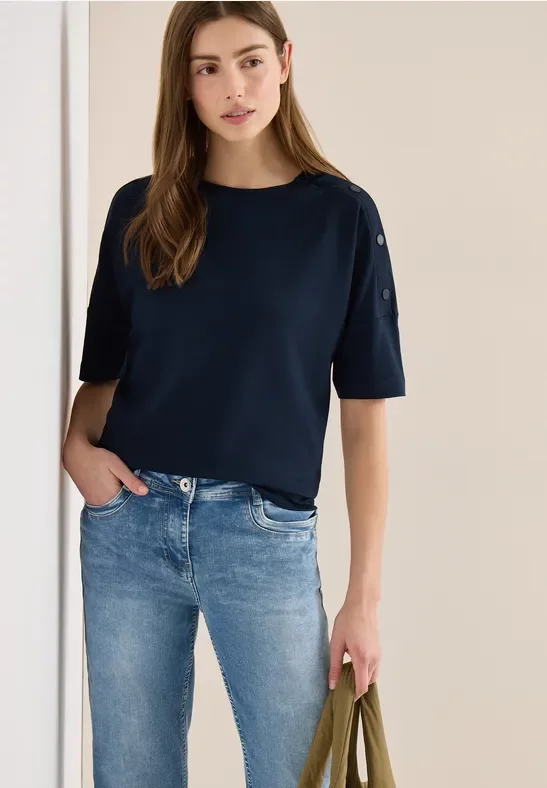 Cecil Damen T-Shirt mit Rundhals und Knopfdetail in Blau, Gr: S