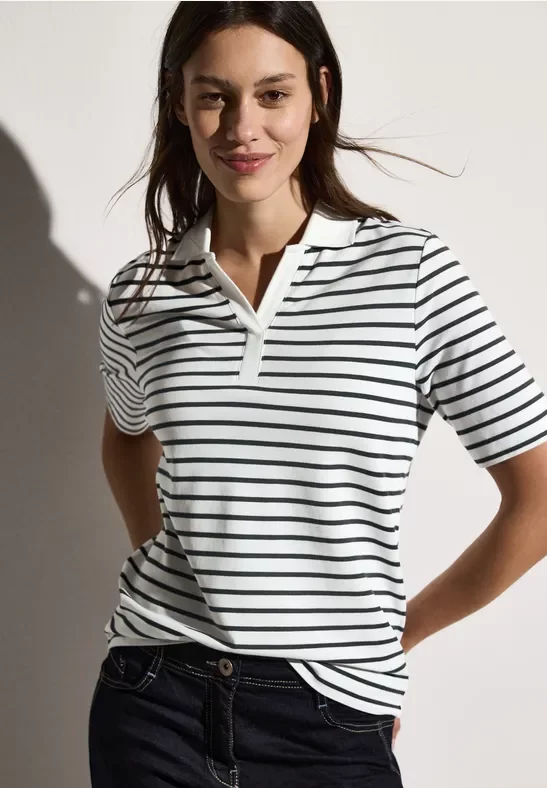 Cecil Damen Gestreiftes Piqué Poloshirt in Weiß, Gr: XS