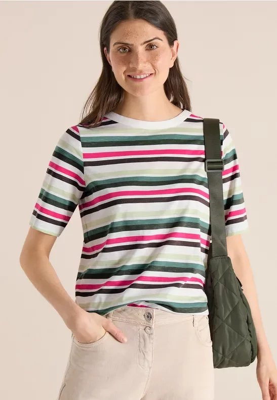 Cecil Damen Kurzarm Shirt mit Multicolor Streifen in Grün, Gr: XL