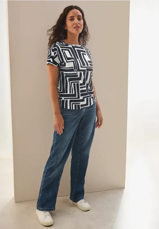 Thumbnail - Cecil Damen Print-Shirt mit Knopfdetail in Blau|Weiß, Gr: XS