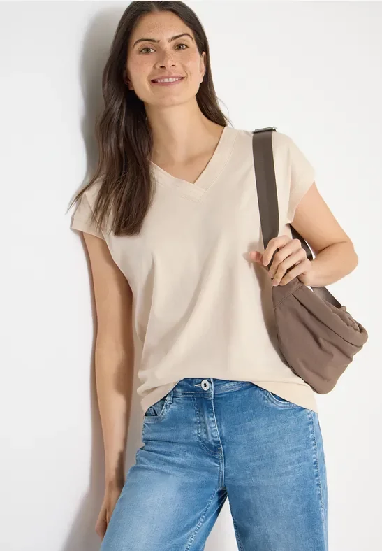 Thumbnail - Cecil Damen Kurzarm Shirt mit V-Neck in Unifarbe in Beige, Gr: L