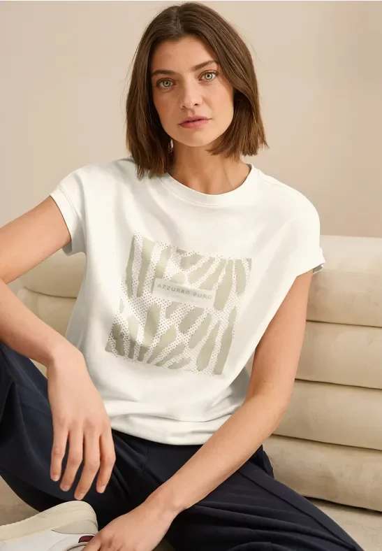 Cecil Damen T-Shirt mit Glitzer-Print in Weiß, Gr: L