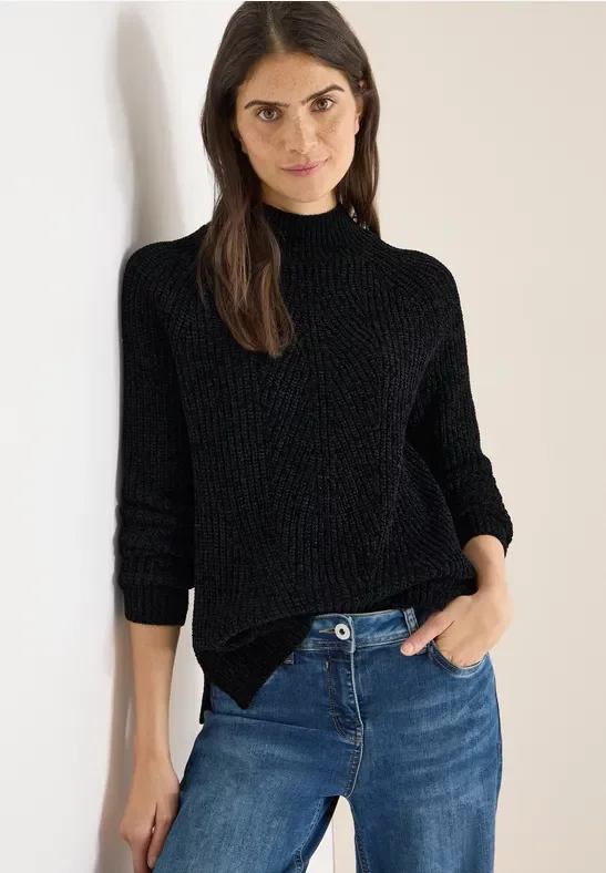 Cecil Damen Turtleneck Chenille Pullover in Schwarz, Gr: S