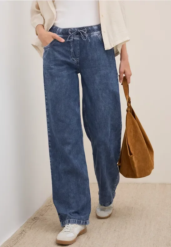Cecil Damen Wide Leg Jeans mit Tunnelzug in Blau, Gr: XS