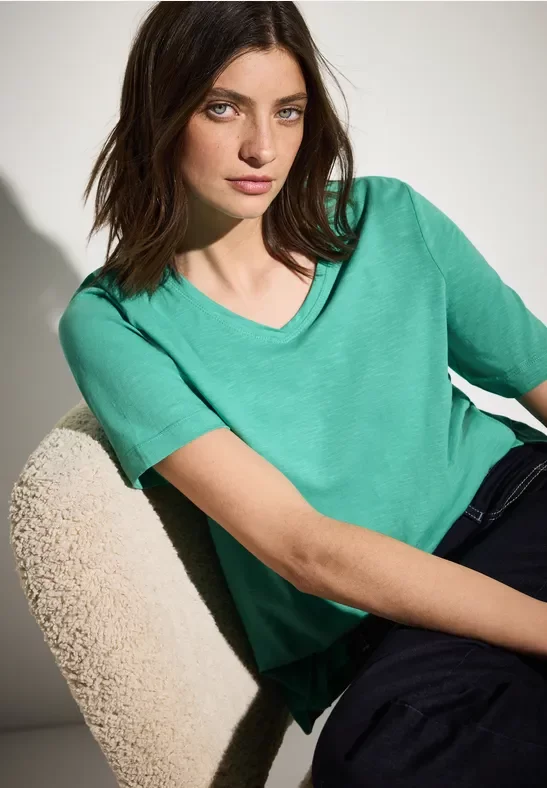 Cecil Damen Basic V-Neck T-Shirt in Grün, Gr: M