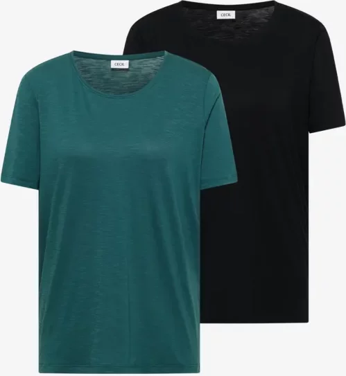 Cecil Damen Basic T-Shirt mit Rundhals im 2er-Pack in Multicolour|Grün|Blau, Gr: XS