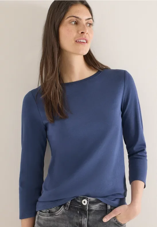 Cecil Damen Basic Shirt in Unifarbe in Blau, Gr: XL