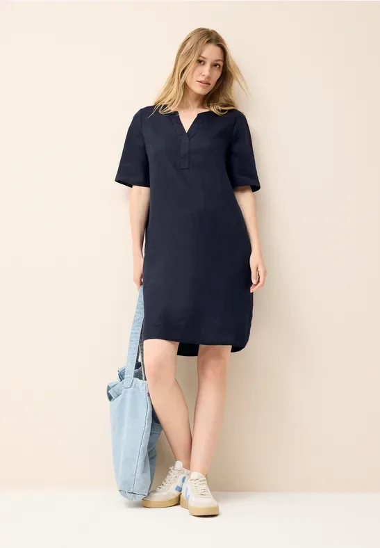 Thumbnail - Cecil Damen Split Neck Leinenkleid in Blau, Gr: XXL