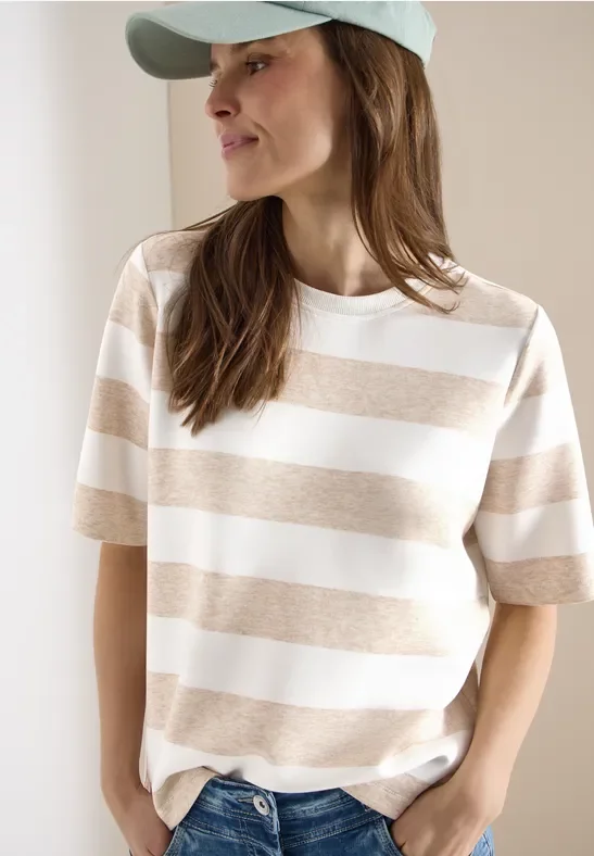 Cecil Damen Kurzarm Sweatshirt mit Streifen in Beige, Gr: XS