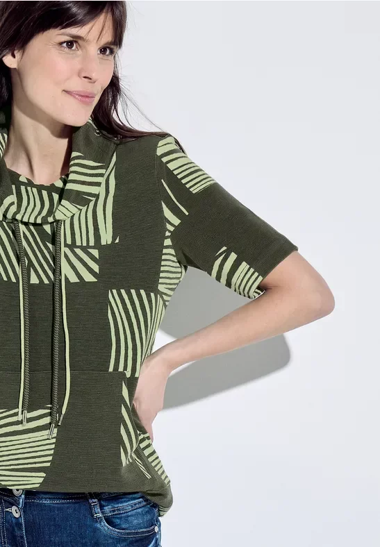 Thumbnail - Cecil Damen T-Shirt mit Volumenkragen in Grün, Gr: L