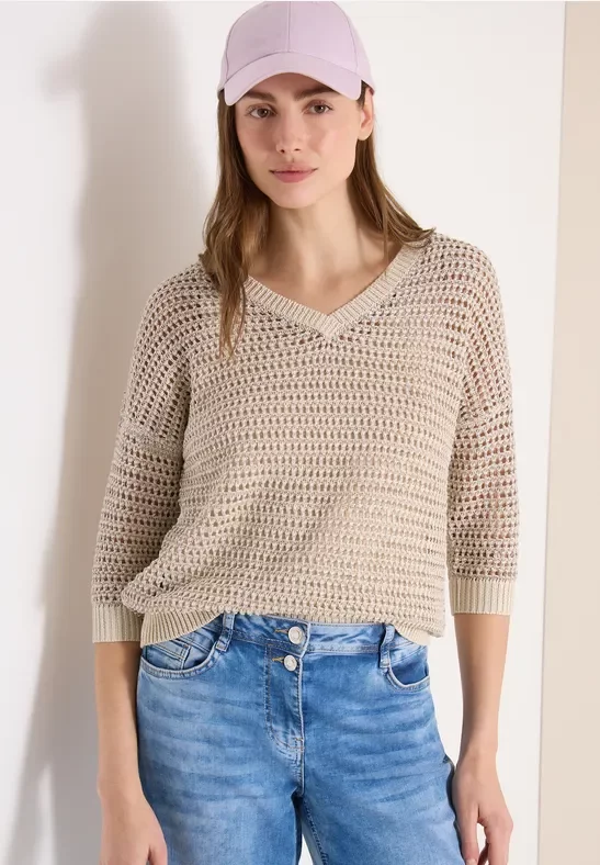 Cecil Damen Pullover mit V-Neck und Garnmix in Beige, Gr: XXL