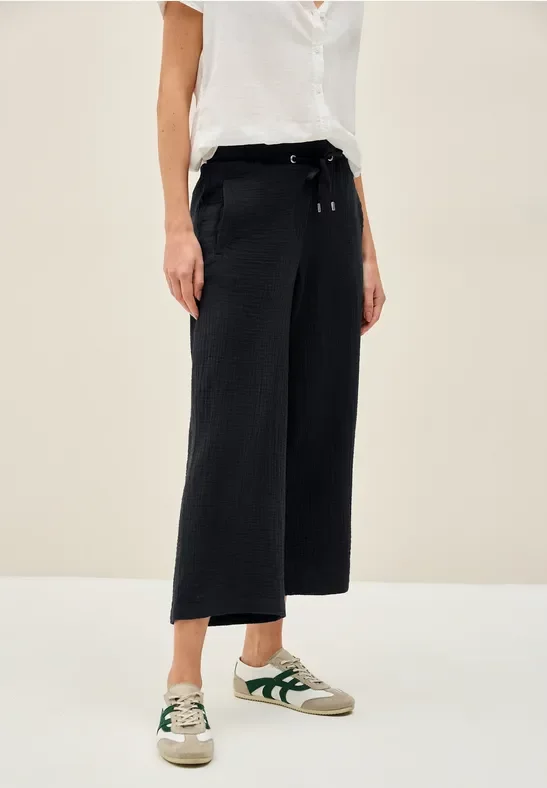 Cecil Damen 3/4 Wide Leg Musselin Hose in Schwarz, Gr: XXL