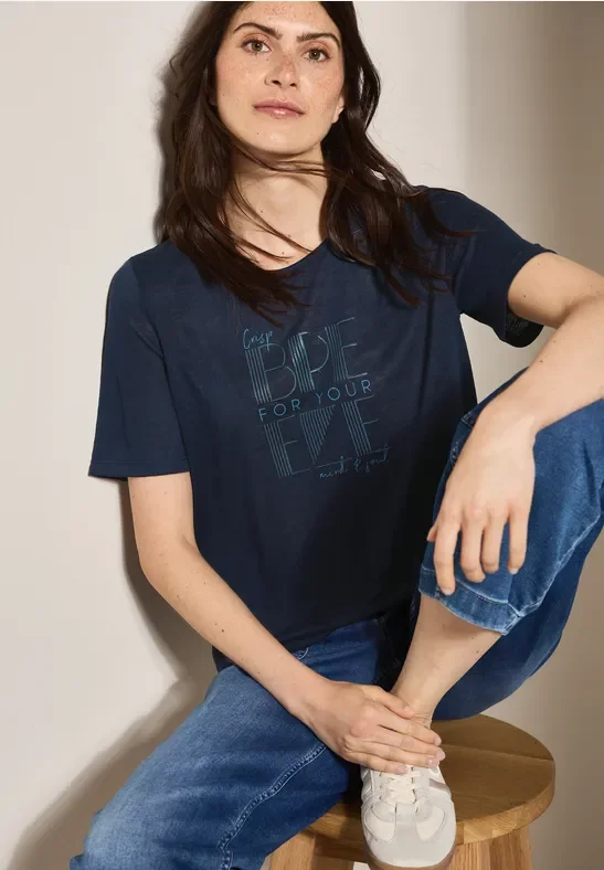 Thumbnail - Cecil Damen Leinen-Look T-Shirt in Blau, Gr: S