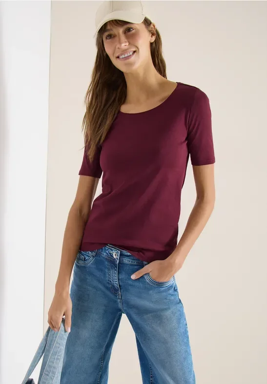 Cecil Damen Basic T-Shirt mit Rundhals in Unifarbe in Rot, Gr: XS
