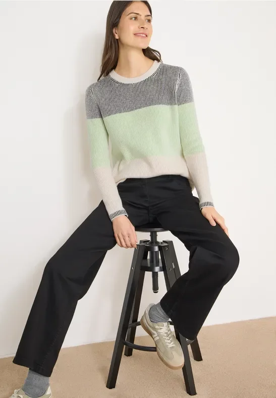 Cecil Damen Softer Streifen Pullover in Grün, Gr: XL