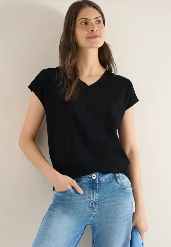 Cecil Damen Kurzarm Shirt mit V-Neck in Unifarbe in Schwarz, Gr: L