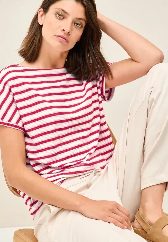 Thumbnail - Cecil Damen Gestreiftes Strukturshirt in Rot, Gr: XXL