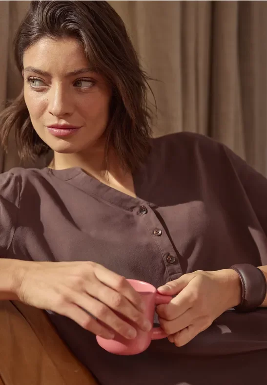 Cecil Damen Kurzarm Bluse mit Split Neck in Braun, Gr: XS