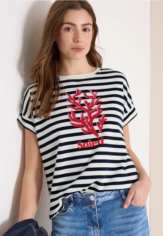 Cecil Damen Kurzarm Sweatshirt mit breiten Streifen in Blau, Gr: 3XL