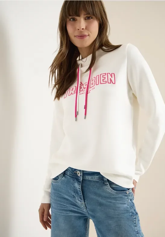 Cecil Damen Langarm Sweatshirt mit Wording Artwork in Weiß, Gr: M