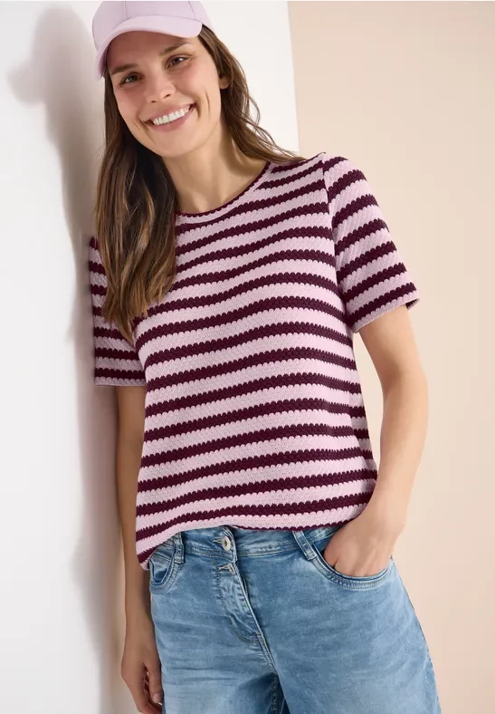 Cecil Damen Shirt mit Rundhals im Ajour-Look in Rosa, Gr: L