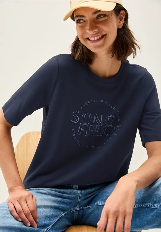 Thumbnail - Cecil Damen Shirt mit Wording Artwork in Blau, Gr: S