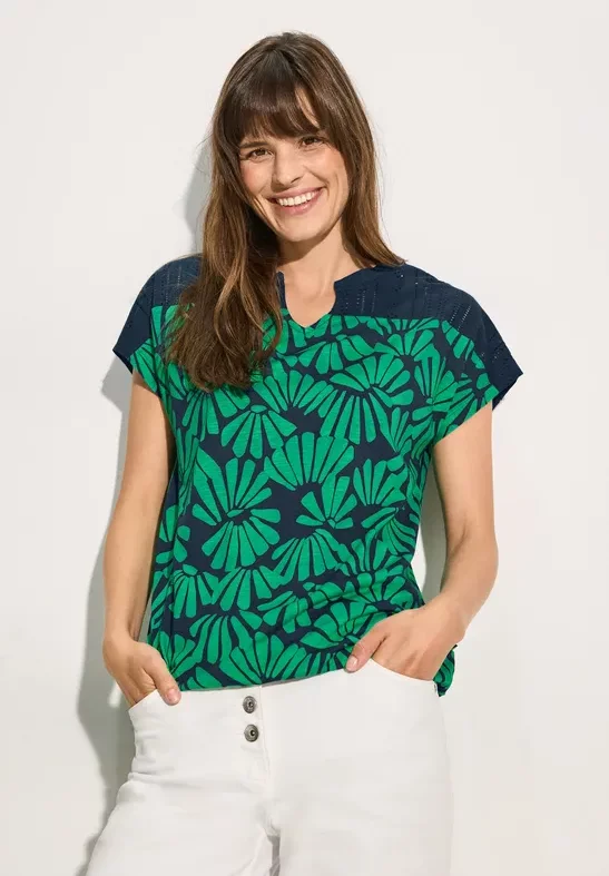 Cecil Damen Ajour T-Shirt mit Print in Grün, Gr: M