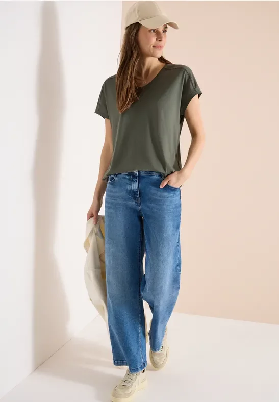 Cecil Damen T-Shirt mit V-Neck und Spitzendetail in Grün, Gr: M