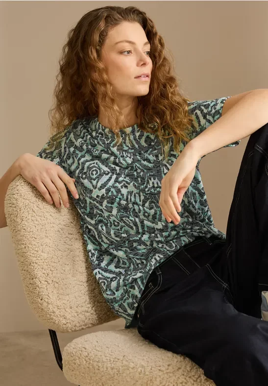 Thumbnail - Cecil Damen Shirt mit Ornamentmuster in Grün, Gr: XL