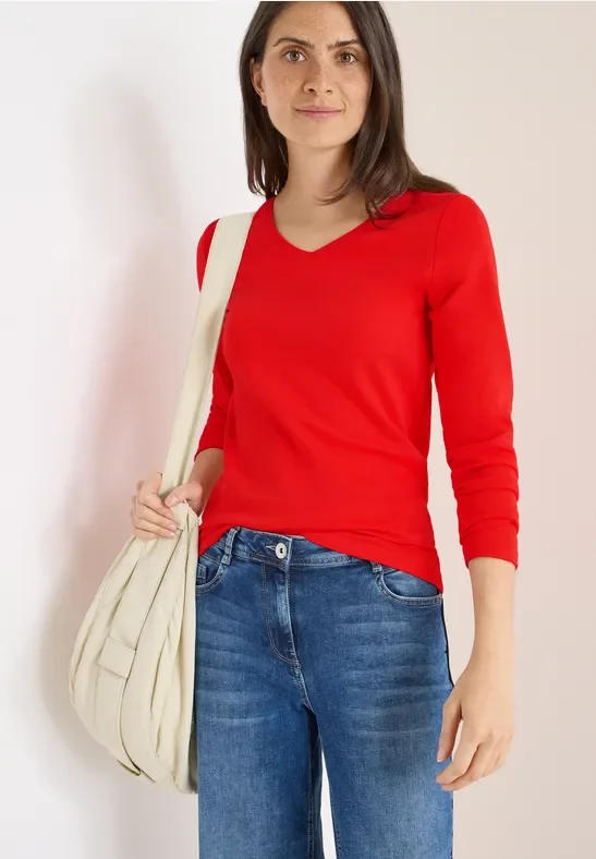 Thumbnail - Cecil Damen V-Neck Langarmshirt in Orange, Gr: XS