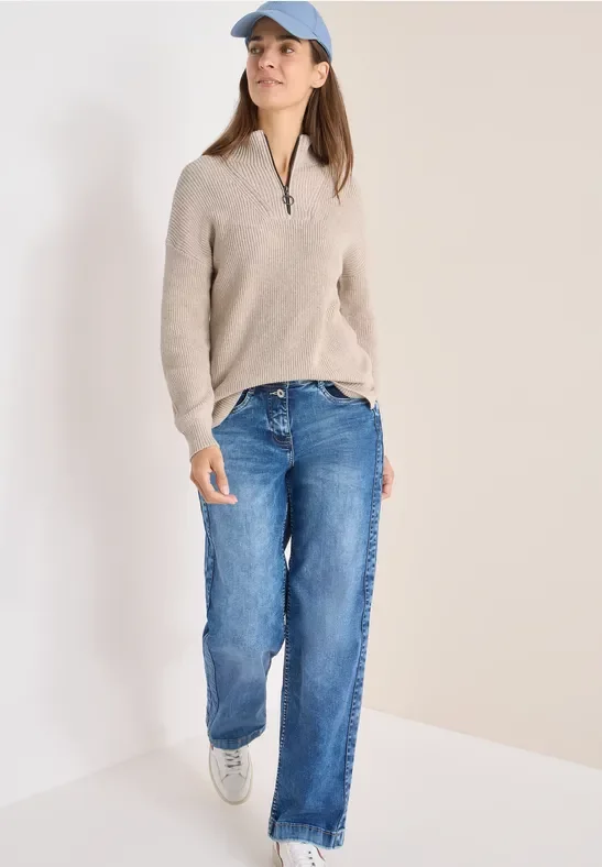 Cecil Damen Mouliné Pullover mit Troyer in Beige, Gr: S